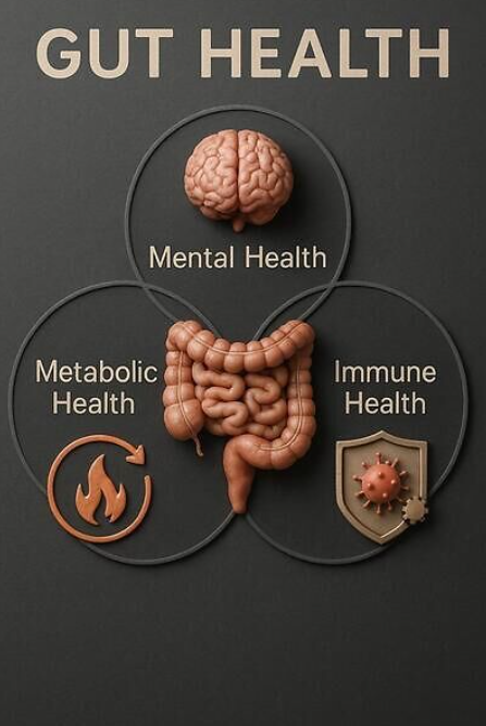 A realistic Venn diagram showing the link between gut health, mental health, metabolic health, and immune health.
