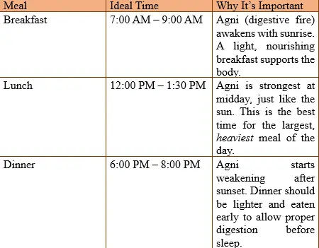 Table showing ideal timings for breakfast, lunch, and dinner to support gut health and reduce stress.