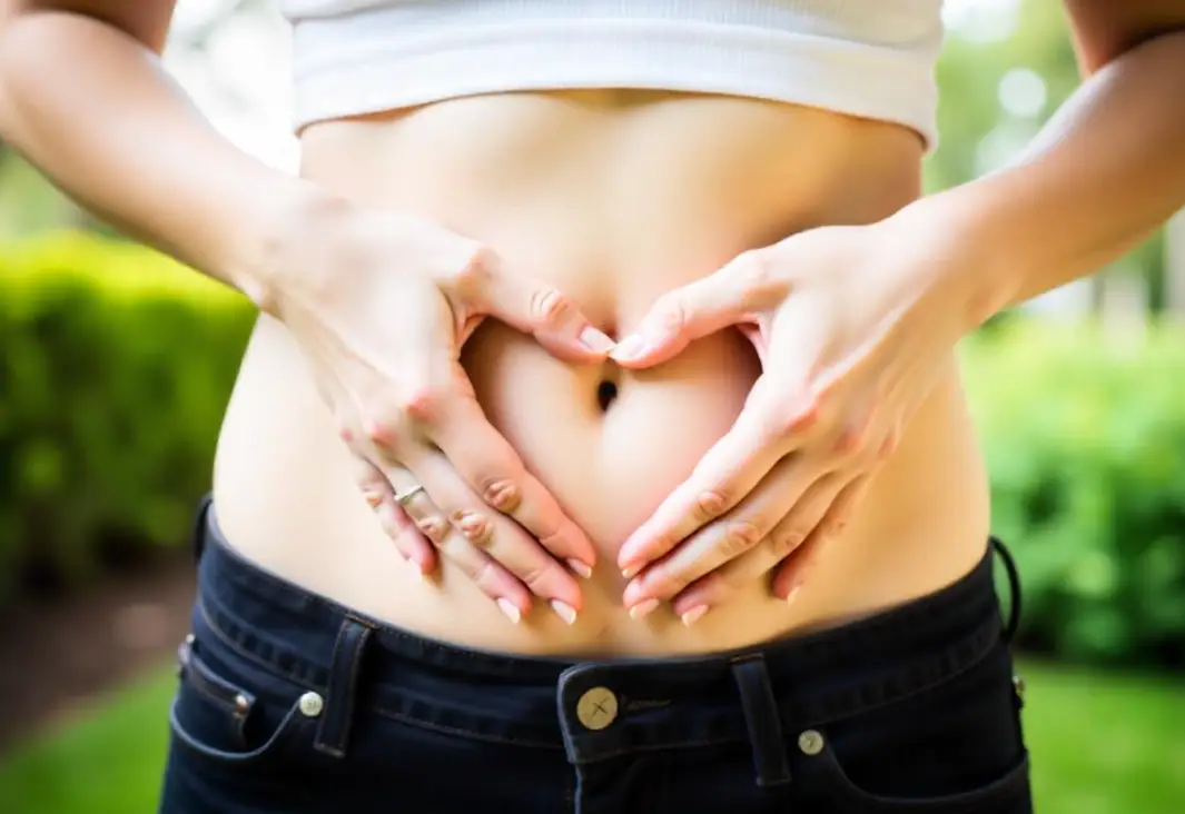 A 25 year old caucasian woman with fair skin making a heart shape with her hands over her stomach, in a garden