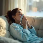 Woman suffering from cold like symptoms and using Handkerchief while resting on bed.