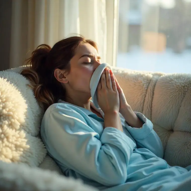 Woman suffering from cold like symptoms and using Handkerchief while resting on bed.