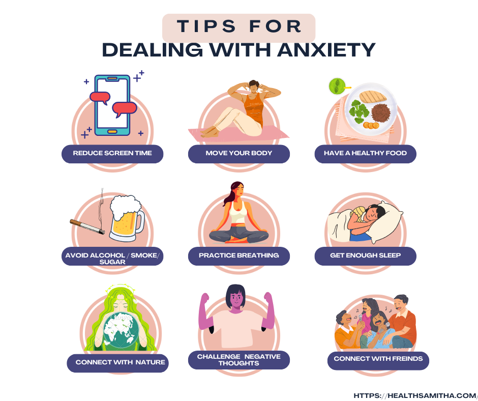 Tips to help manage anxiety symptoms-
Reduce screen Time, avoid alcohol/smoke/ Sugar, Move your body, Practice Breathing,
Have a healthy food, Get enough sleep, Challenge negative Thoughts, Connect With nature, connect with friends,